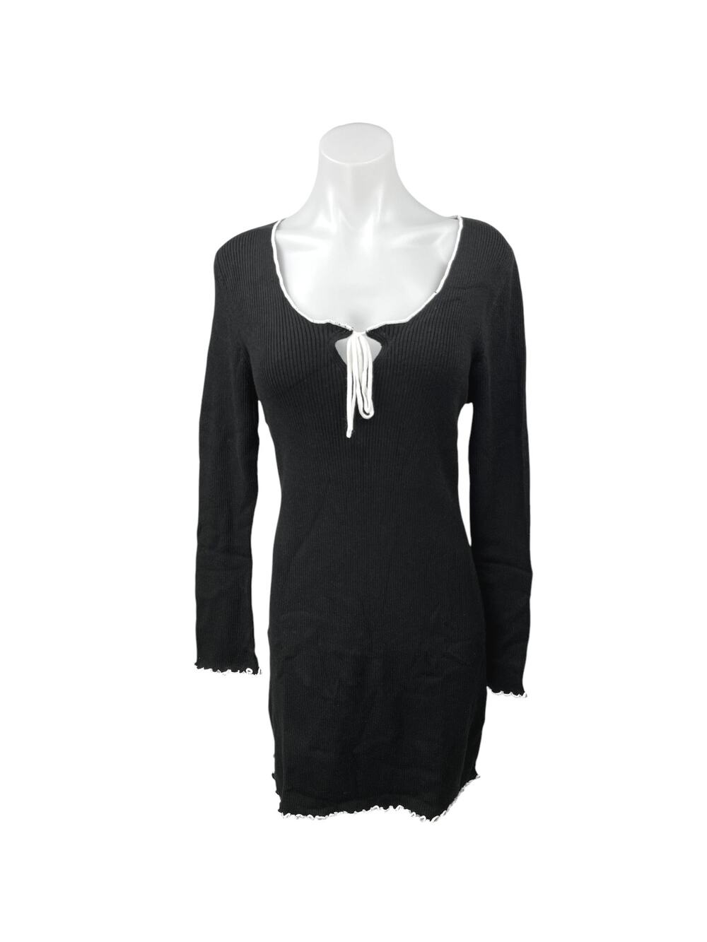 Miss Selfridge Black Ribbed Knit Scoop Long Sleeve Mini Bodycon Sweater Dress 14
